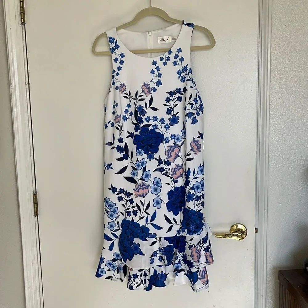 Eliza J Floral Sleeveless Ruffle Dress Size 14 NWT Blue